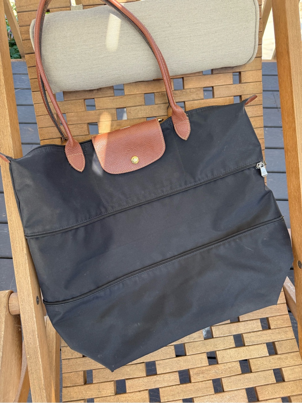 Longchamp Black Tote with Brown Leather Trim and Handles